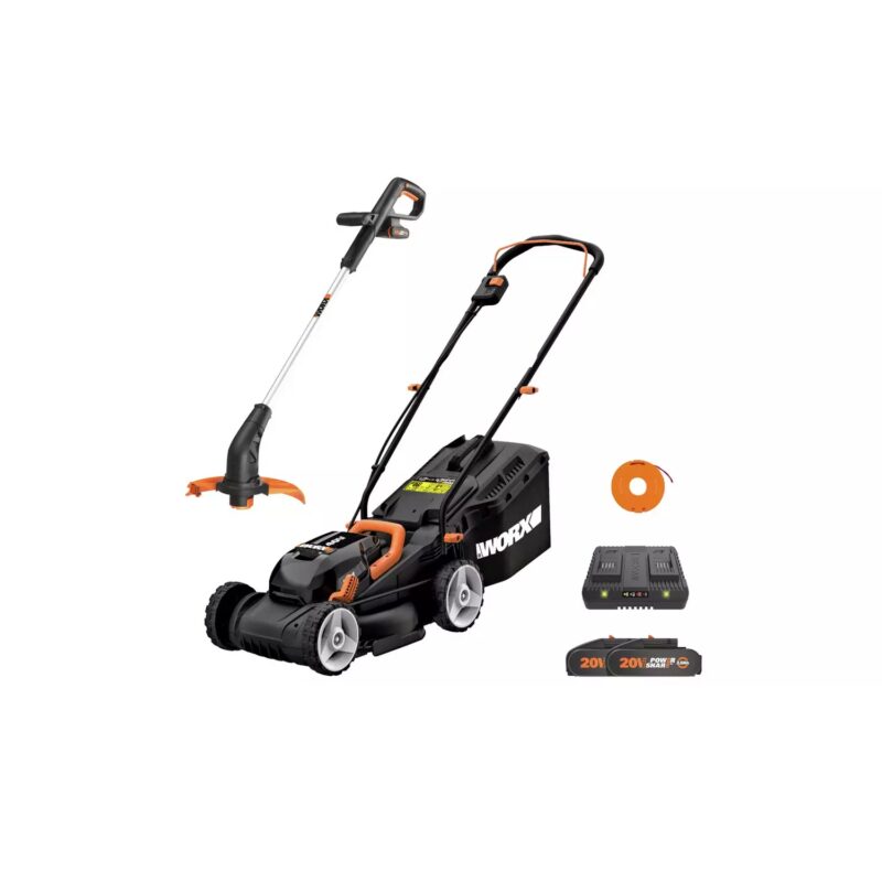 Worx Cordless 34cm Rotary Lawnmower and 25cm Grass Trimmer